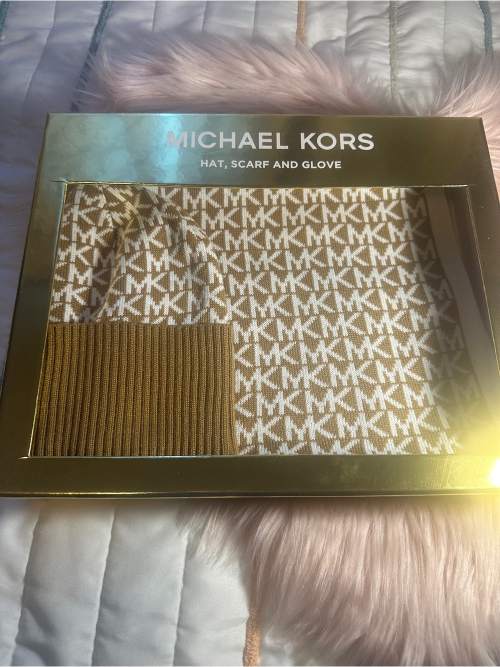 Michael Kors Brown and White MK Logo Beanie and Scarf only Set